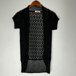 J & R Womens Cardigan Medium Sweater Black Knit Crochet Open Front